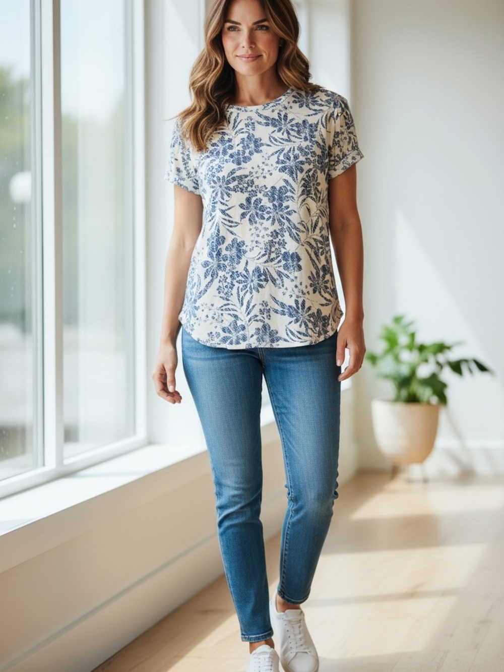 Cupio Cream& blue short sleeve Top